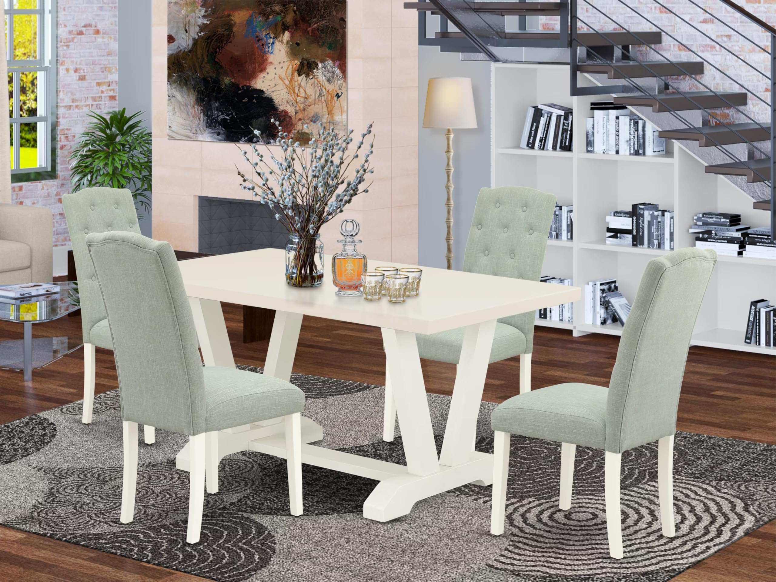East West Furniture V026Ce215-5 5 Piece Dining Room Furniture Set Includes A Rectangle Dining Table With V-Legs And 4 Baby Blue Linen Fabric Upholstered Chairs, 36X60 Inch, Multi-Color